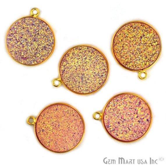 Natural Titanium Druzy 16mm Round Single Bail Gold Gemstone Connector