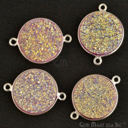 Natural Titanium Druzy 16mm Round Double Bail Silver Gemstone Connector