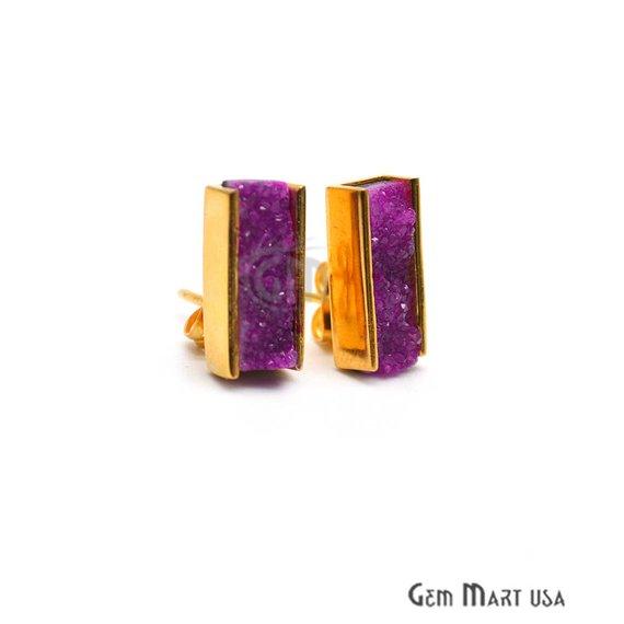 Rectangle Shape 15x7mm Gold Plated Gemstone Druzy Stud Earrings (Pick your Gemstone) (90026-2) - GemMartUSA