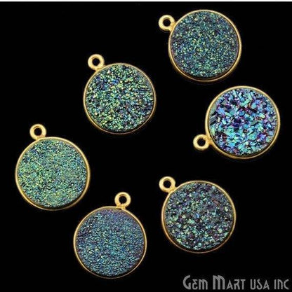 Natural Titanium Druzy 14mm Round Gold Single Bail Gemstone Connector