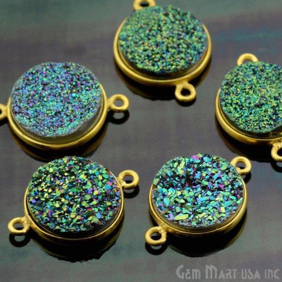 Natural Titanium Druzy 14mm Round Gold Double Bail Gemstone Connector