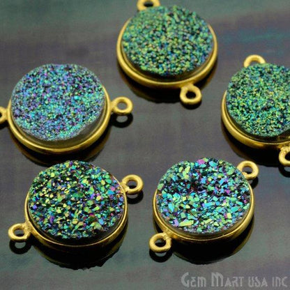 Natural Titanium Druzy 14mm Round Gold Double Bail Gemstone Connector
