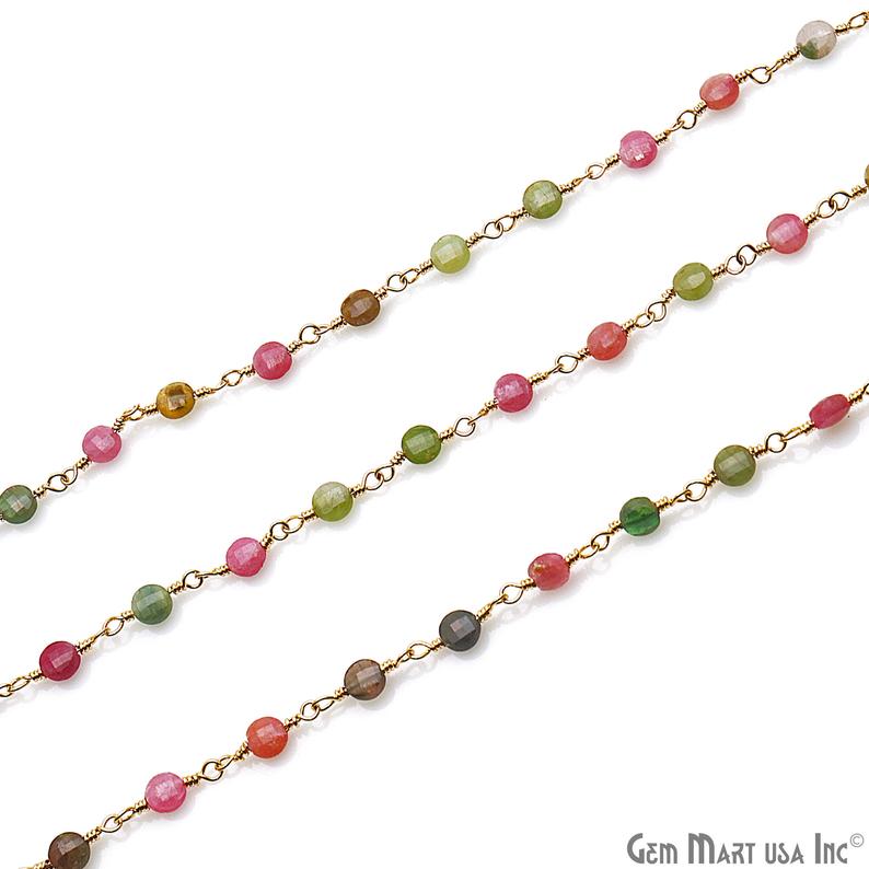 Multi Tourmaline Faceted 3-4mm Gold Wire Wrapped Rosary Chain