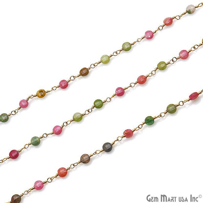 Multi Tourmaline Faceted 3-4mm Gold Wire Wrapped Rosary Chain