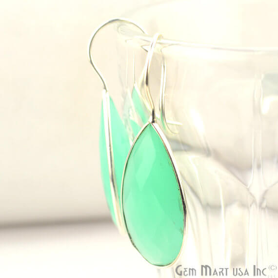 Aqua Chalcedony Pears Shape 33x16mm Silver Plated Dangle Hook Earrings - GemMartUSA