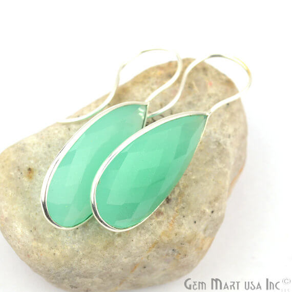 Aqua Chalcedony Pears Shape 33x16mm Silver Plated Dangle Hook Earrings - GemMartUSA