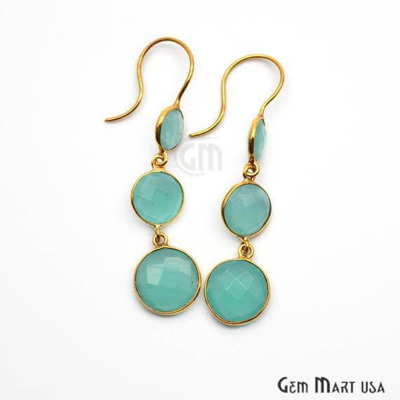 Aqua Chalcedony Bezel Round Shape Gold Plated 40x12mm Dangle Hook Earring (ADER-90183) - GemMartUSA