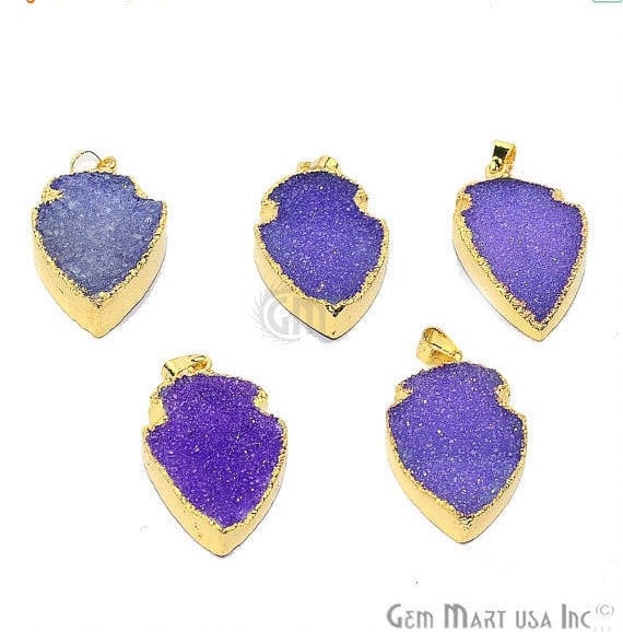 Purple Druzy Arrow Heads Pendant, 29x15mm Electroplated Gold Edged Arrow Heads Pendant (AHDZ-50021) - GemMartUSA (764086976559)