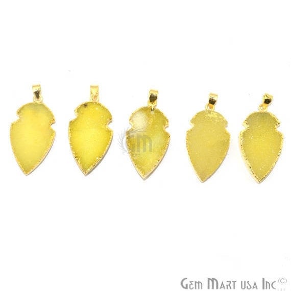 Light Lemon Druzy Arrow Heads Pendant, 29x15mm Electroplated Gold Edged Arrow Heads Pendant (AHDZ-50024) - GemMartUSA (764089335855)