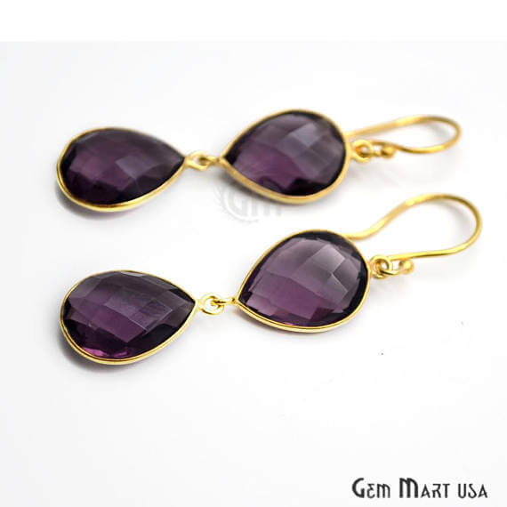 Amethyst Bezel Pears Shape Gold Plated 40x12mm Dangle Hook Earring (AMER-90186) - GemMartUSA