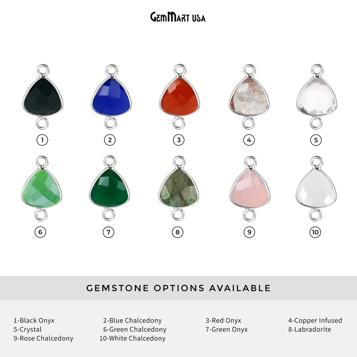 Trillion 10mm Double Bail Silver Plated Bezel Gemstone Connector (Pick Stone & Lot Size)