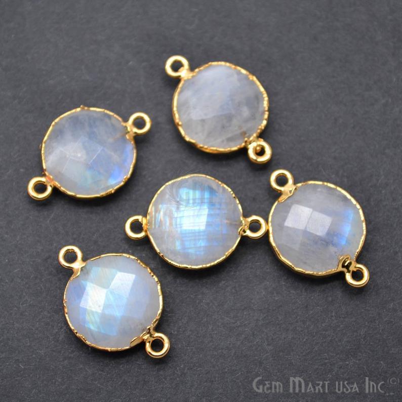 Rainbow Moonstone 14mm Round Gold Electroplated Gemstone Connector