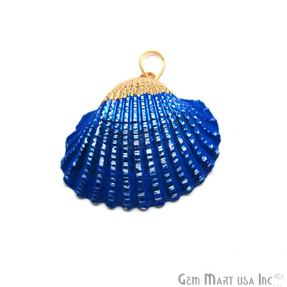 Natural Blue Serene Seas Seashell 40x34mm Gold Electroplated Charms Pendant - GemMartUSA