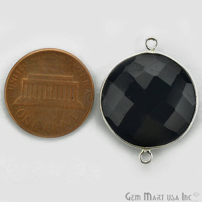 Natural Black Onyx Connector Round Shape Silver Plated Double Bail Connector (BO-10226) - GemMartUSA
