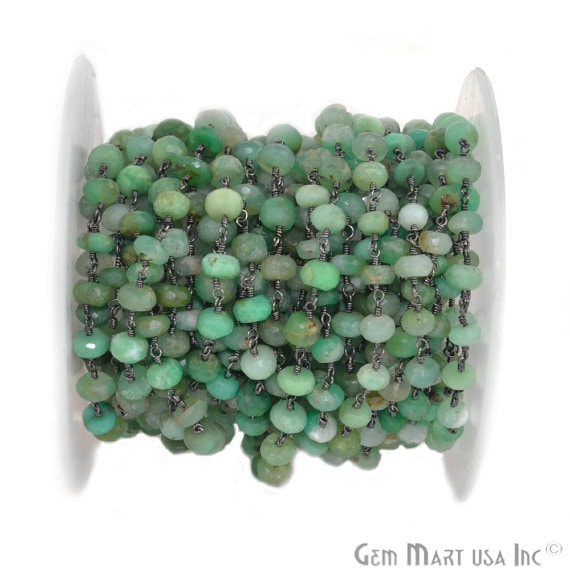 Chrysoprase 6-7mm Beads Chain, Oxidized Wire Wrapped Rosary Chain - GemmartUSA (762837762095)