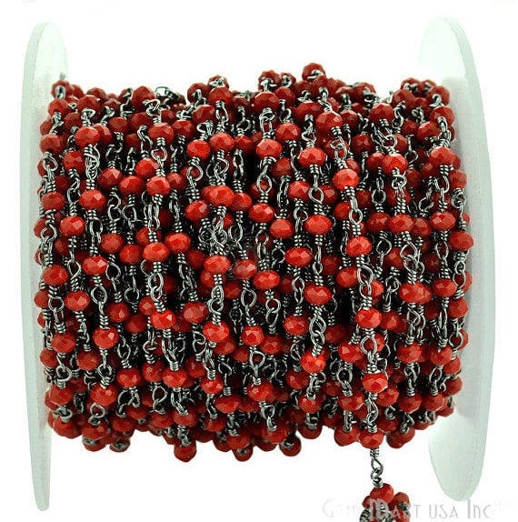 Red Coral 3-3.5mm Oxidized Plated Wire Wrapped Beads Rosary Chain - GemmartUSA (762839105583)