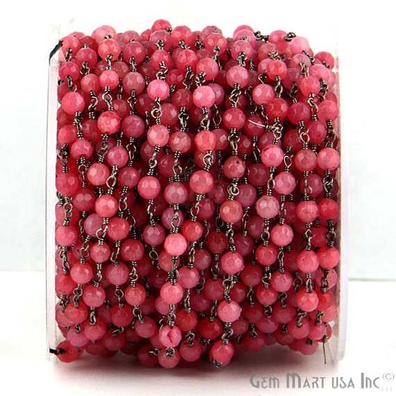 Pink Sunstone Jade 4mm Beads Oxidized Wire Wrapped Rosary Chain - GemmartUSA (762852245551)