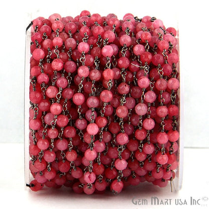 Pink Sunstone Jade 4mm Beads Oxidized Wire Wrapped Rosary Chain - GemmartUSA (762852245551)