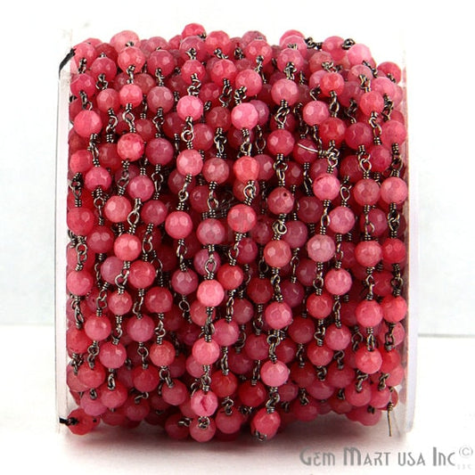 Pink Sunstone Jade 4mm Beads Oxidized Wire Wrapped Rosary Chain - GemmartUSA (762852245551)