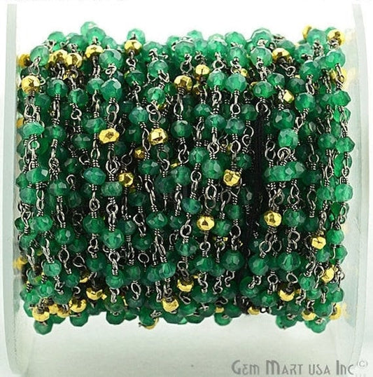 Green Onyx With Golden Pyrite 3-3.5mm Oxidized Wire Wrapped Beads Rosary Chain - GemmartUSA (762855784495)