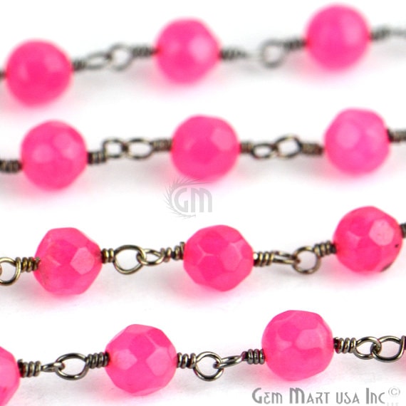 Hot Pink Jade 4mm Beads Oxidized Wire Wrapped Rosary Chain - GemMartUSA (762861158447)