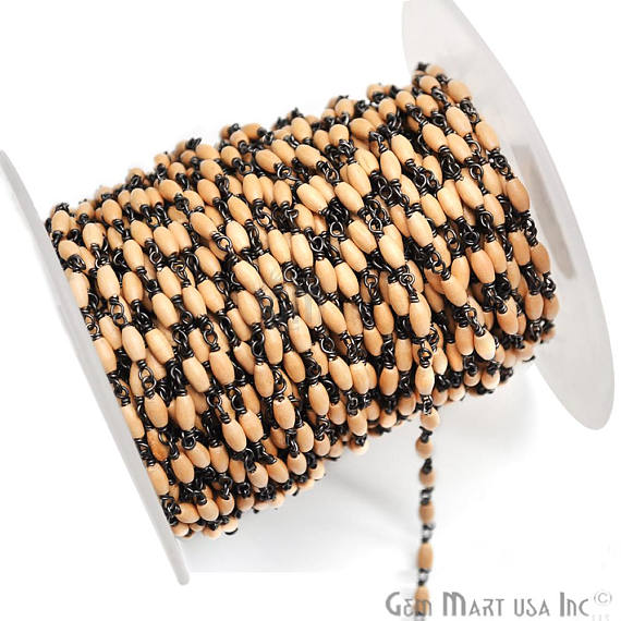 Harvest Grain Wooden Beads Chain, Oxidized Wire Wrapped Rosary Chain - GemmartUSA (762861944879)