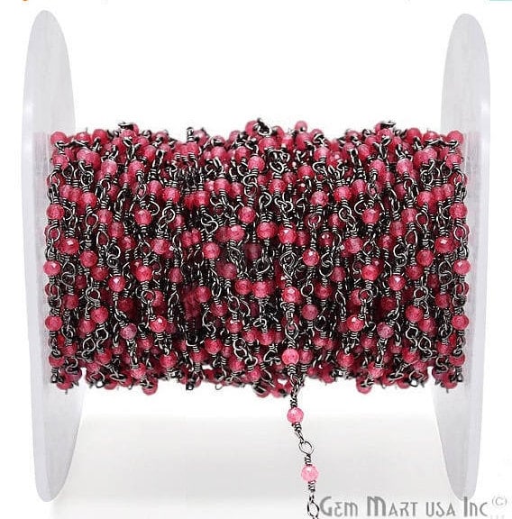 Hot Pink Chalcedony Oxidized Wire Wrapped Gemstone Beads Rosary Chain - GemmartUSA (762862436399)