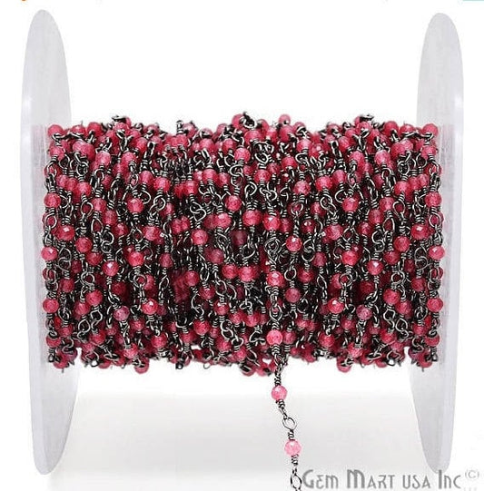 Hot Pink Chalcedony Oxidized Wire Wrapped Gemstone Beads Rosary Chain - GemmartUSA (762862436399)