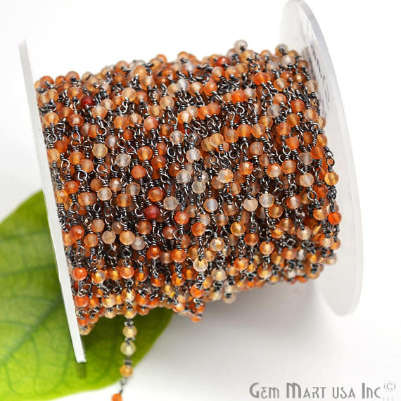 Hessonite Rondelle Oxidized Wire Wrapped Beads Rosary Chain - GemMartUSA (762863747119)