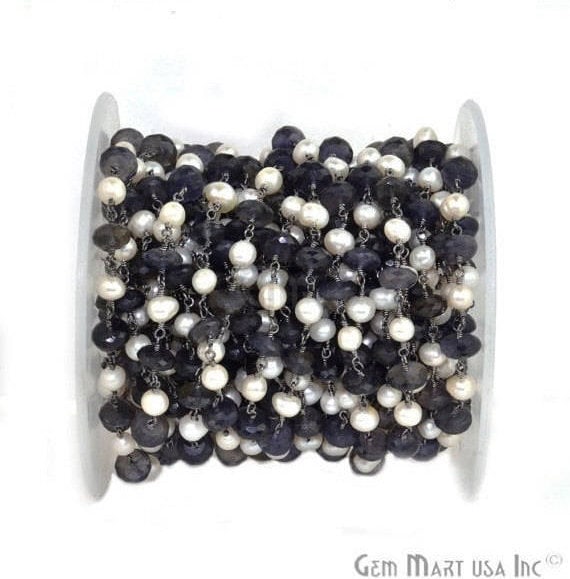 Iolite 7-8mm With Pearl 5-6mm Beads Chain, Oxidized Wire Wrapped Rosary Chain - GemmartUSA (762866139183)