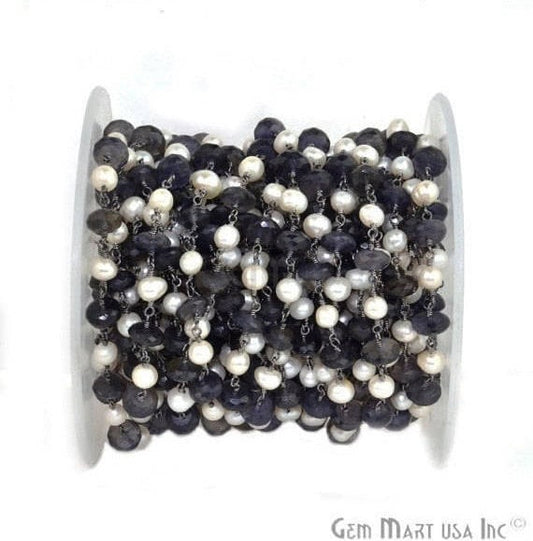 Iolite 7-8mm With Pearl 5-6mm Beads Chain, Oxidized Wire Wrapped Rosary Chain - GemmartUSA (762866139183)