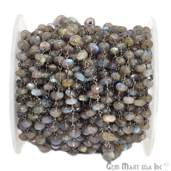 Labradorite 6-7mm Beads Chain, Oxidized Wire Wrapped Rosary Chain (762966343727)