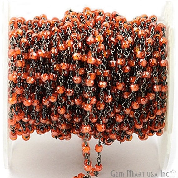 Orange Zircon 2.5-3mm Oxidized Wire Wrapped Rosary Chain (763001962543)