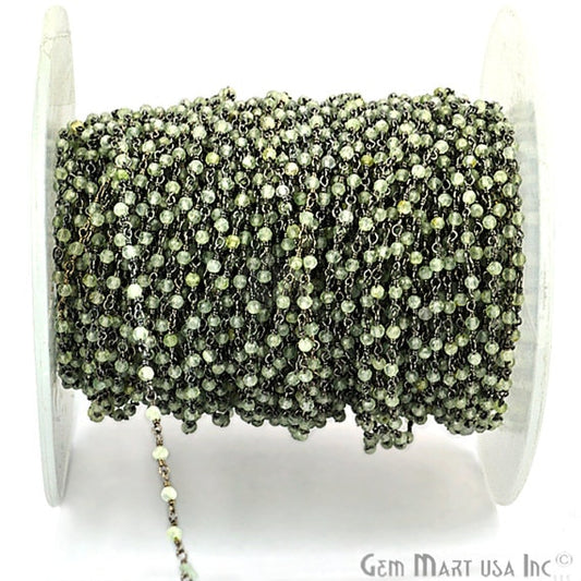 Prehnite 2mm Beads Chain, Oxidized Wire Wrapped Rosary Chain (763008450607)