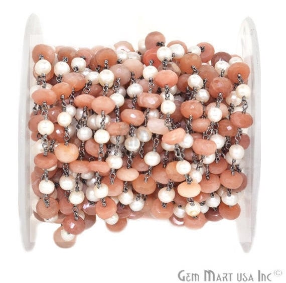 Moonstone With Pearl 5-8mm Oxidized Wire Wrapped Rosary Chain - GemMartUSA (763576614959)