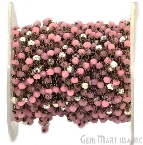 Rose chalcedony With Silver Pyrite Beaded Oxidized Wire Wrapped Rosary Chain - GemMartUSA (764422225967)