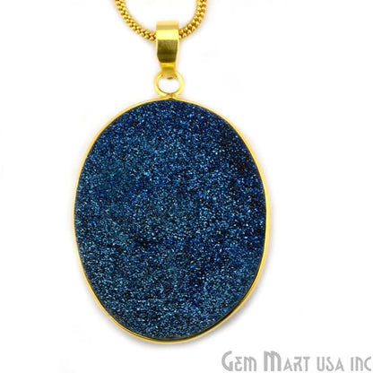 Blue Ttanium Druzy 35x49mm Gold Plated Oval Gemstone Chain Pendant - GemMartUSA