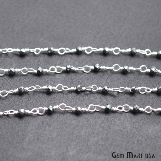 Black Pyrite Silver Plated Wire Wrapped Gemstone Beads Rosary Chain (763819163695)