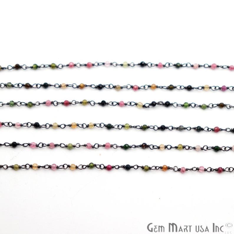 Multi Tourmaline Gemstone Beads Oxidized Wire Wrapped Bead Rosary Chain