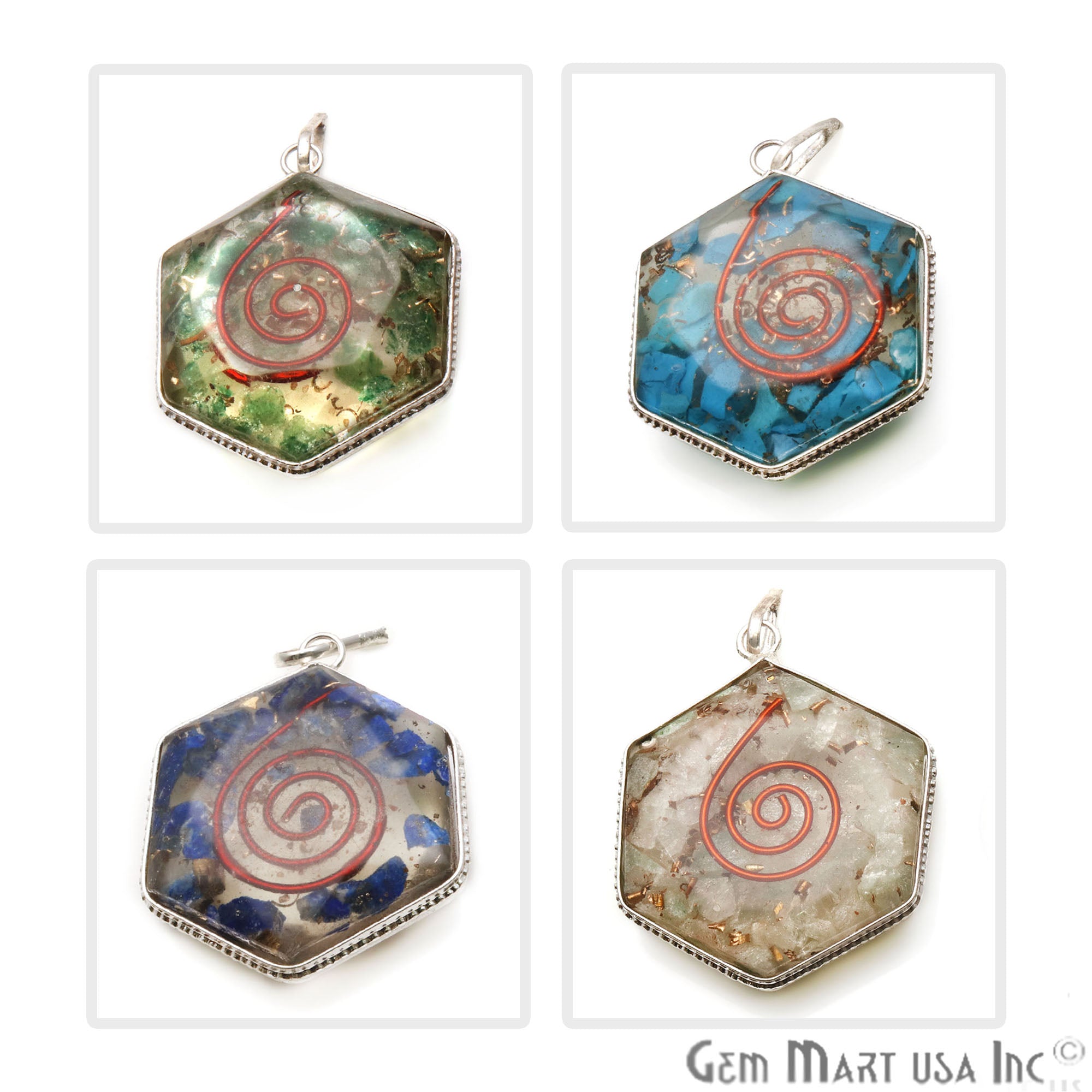 Orgone Hexagon 39x31mm Silver Plated Single Bail Gemstone Pendant (Pick Stone) - GemMartUSA