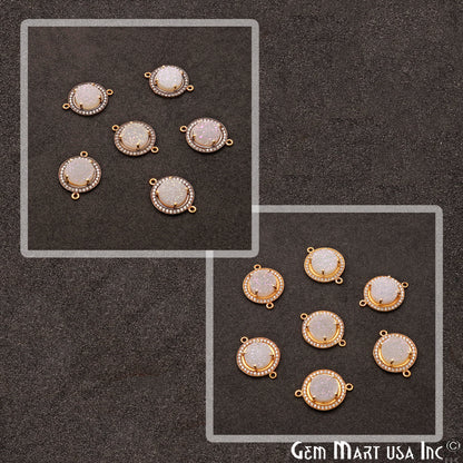 White Druzy Cubic Zircon Round 10mm Gold Plated Double Bail Connector (Pick Pave Color) - GemmartUSA