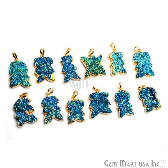 Blue Titanium Rough Druzy 36x22mm Gold Electroplated Edge Single Bail Necklace Pendant - GemMartUSA