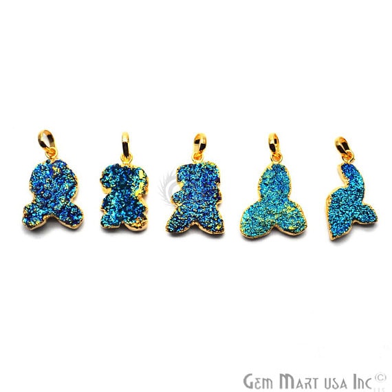 Blue Titanium Rough Druzy 28x19mm Gold Electroplated Edge Single Bail Necklace Pendant - GemMartUSA