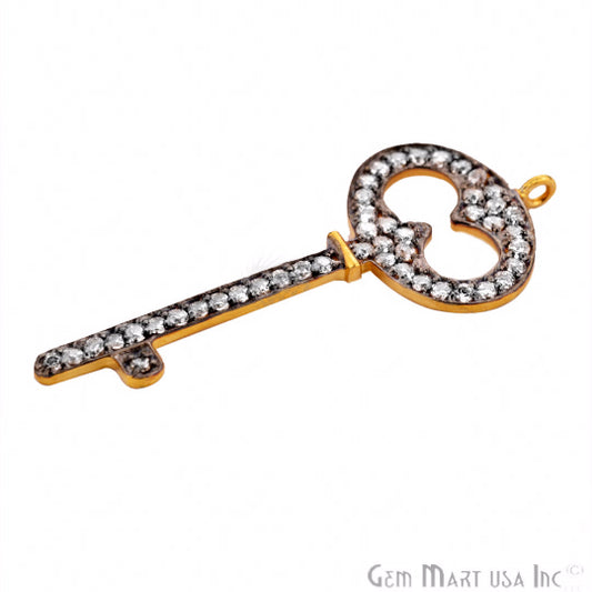 Cubic Zircon Pave 'Fancy Key' Gold Vermeil Charm For Bracelet & Pendants - GemMartUSA