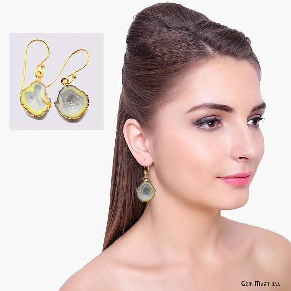 Geode Druzy Dangle Earrings, 22k Gold Electroplated Hook Earrings (DPER-90287) - GemMartUSA (754807275567)