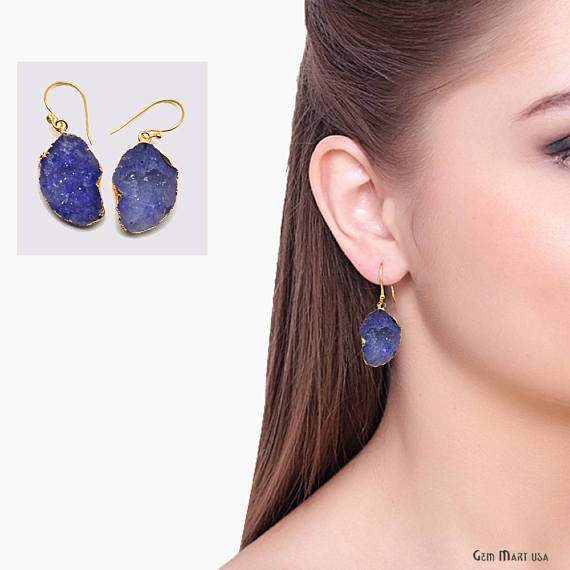 Geode Druzy Dangle Earrings, 22k Gold Electroplated Hook Earrings (DPER-90410) - GemMartUSA (754792136751)