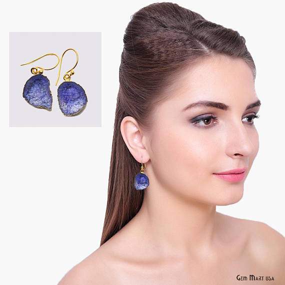 Geode Druzy Dangle Earrings, 22k Gold Electroplated Hook Earrings (DPER-90416) - GemMartUSA (754797084719)