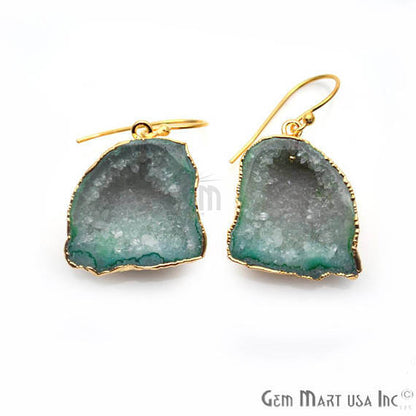 Green Geode Druzy Organic Shape 26x23mm Gold Electroplated Gemstone Dangle Hook Earring - GemMartUSA