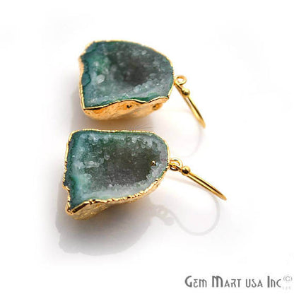 Green Geode Druzy Organic Shape 26x23mm Gold Electroplated Gemstone Dangle Hook Earring - GemMartUSA