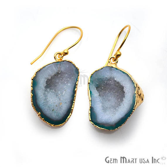 Green Geode Druzy Organic Shape 28x20mm Gold Electroplated Gemstone Dangle Hook Earring - GemMartUSA